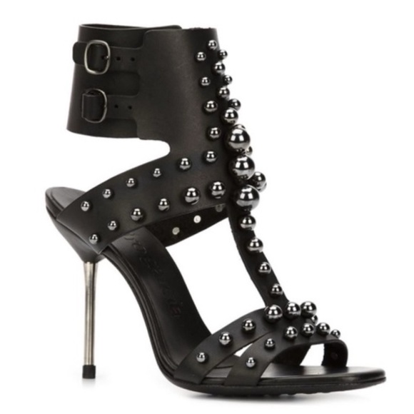 Pedro Garcia Muriel Studded Ankle Cuff Heeled Sandals SZ 37 Black Leather - Picture 1 of 16
